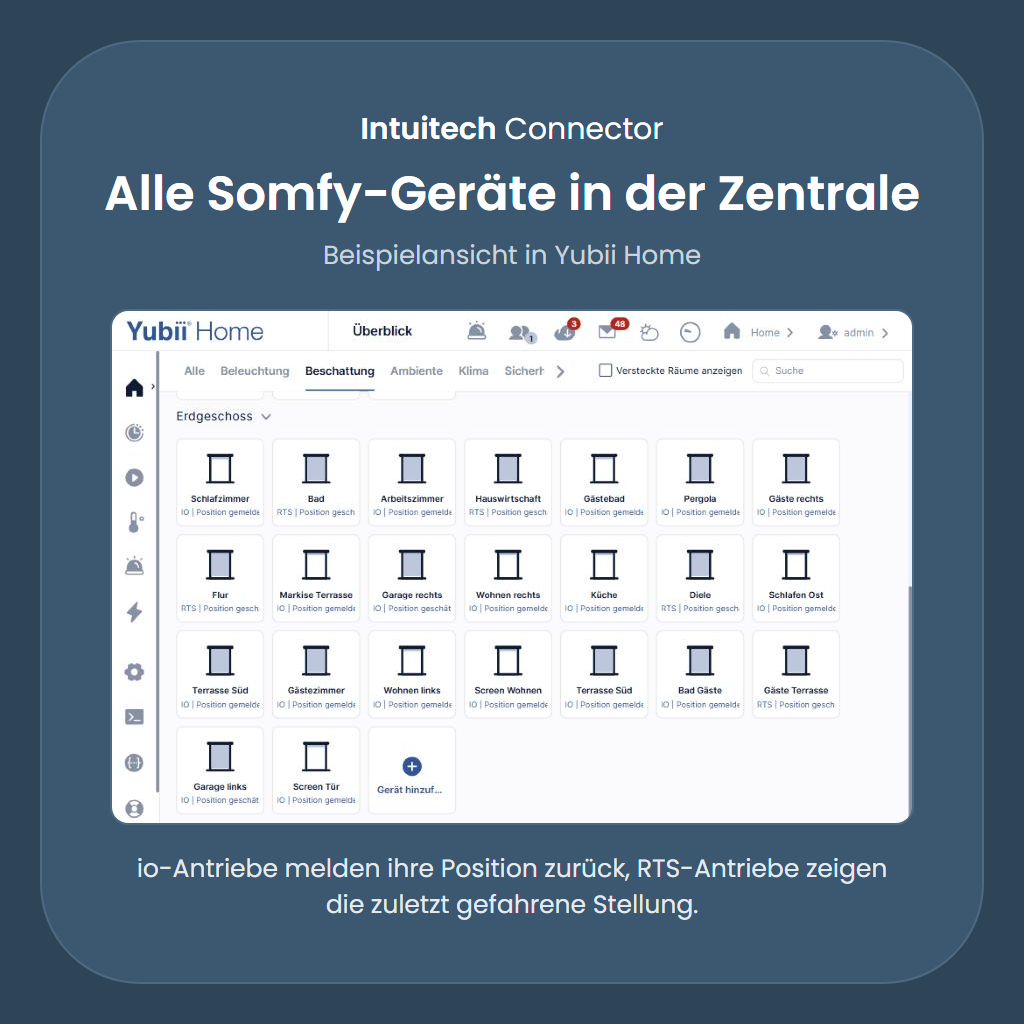 Somfy-Geräte in der Zentrale, Beispielansicht in Yubii Home